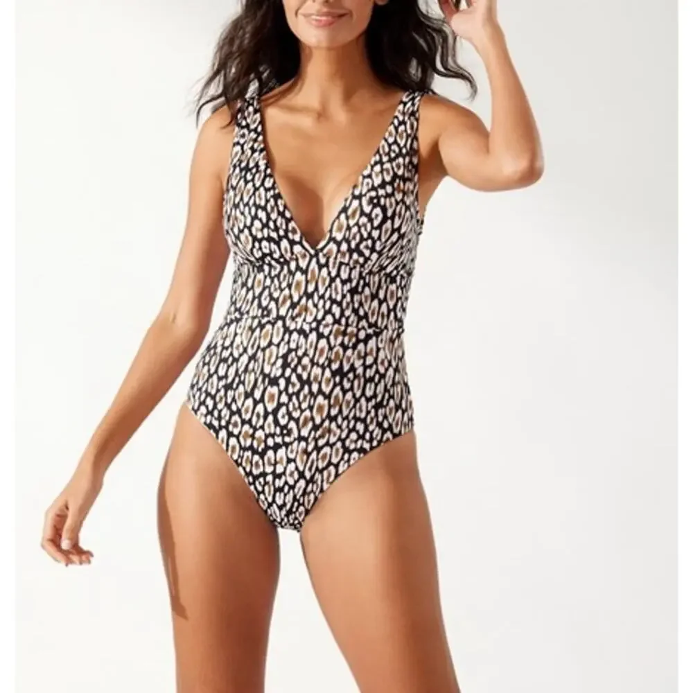 New TOMMY BAHAMA Women's Palm Modern Safari Cat V-Neck One-Piece Swimsuit Size16